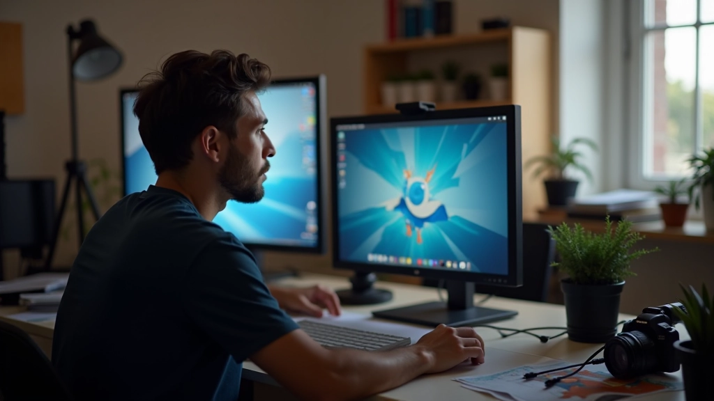 Animador revendo sequências animadas em monitor de estúdio profissional